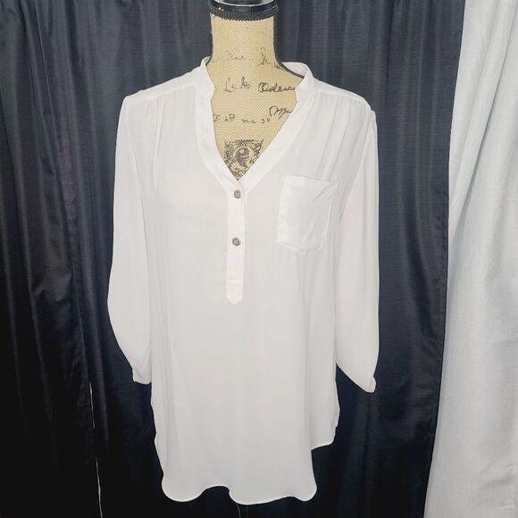 AGB White Semi Sheer Half Button Career Roll Sleeve Top Medium - Picture 1 of 10